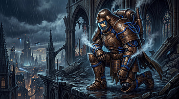 : Power Armor Sentinel on Rain-Slick Ruins, Armored Warrior HD wallpaper