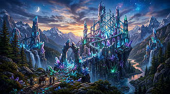 Moonlit Crystal Ruins — Fantasy, Fantasy Ruin, Crystal Castle, Fantasy Landscape, Mountain HD wallpaper