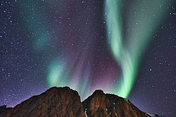 Green Northern Lights, mountain, peaks HD wallpaper