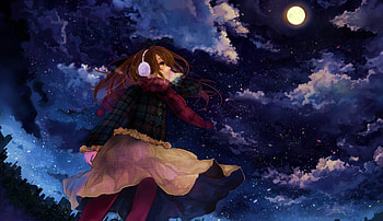 Up in the Sky, brown eyes, city, jacket, girl, night snow, anime, moon, clouds, brown hair, long skirt, ear muffs HD wallpaper