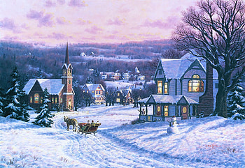 Winter Memories, snowman, winter, sleigh, painting, snow, trees, houses, village, horse HD wallpaper