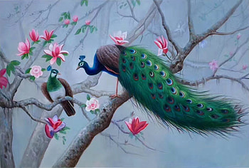 Peacocks, pink, paun, painting, art, pictura, couple, peacock, tree, flower HD wallpaper