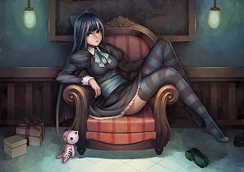 touhou, blue eyes, cat, blush, black hair, long hair, dress HD wallpaper