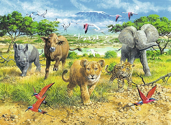 Savanna animals, art, lion, savanna, animal, painting, elephant HD wallpaper
