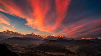 red sunset over tibet mountains panorama, red, clouds, sky, mountains, panorama, sunset HD wallpaper