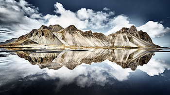 Vestrahorn, Iceland, rocks, water, coast, reflection, clouds, sky HD wallpaper