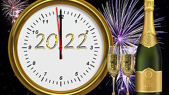 Clock Colorful Fireworks Wine Bottle Glasses 2022 Black Background 2022 HD wallpaper