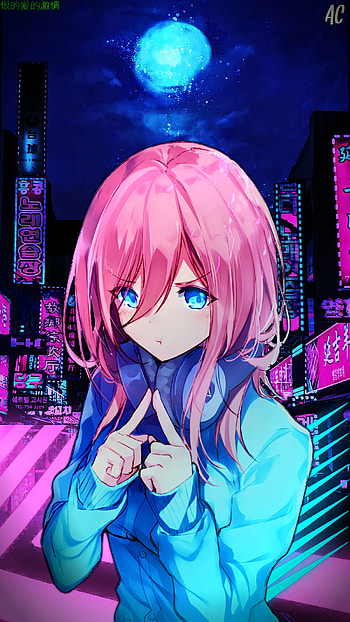 Miku Nakano, magenta, pink, waifu, city HD phone wallpaper