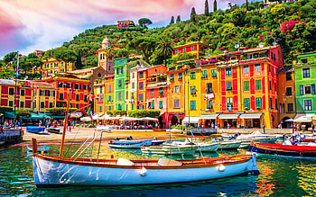Come Sail Away - Portofino, Italy, sky, village, boats, harbor, clouds HD wallpaper