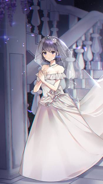 purple hair, purple eyes, short hair, white dress, wedding dress, bride, Anime, girl, anime girl HD phone wallpaper