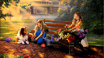 flower power, dogs, girls, flowers, childs HD wallpaper