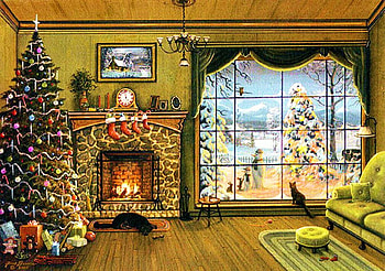 Christmas, artwork, decoration, room, painting, window, ornaments, chimney, tree HD wallpaper