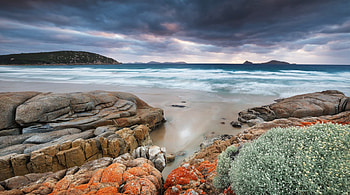 wonderful orange moss covered rocks on a beach, sea, moss, clouds, bush, rocks, beach HD wallpaper