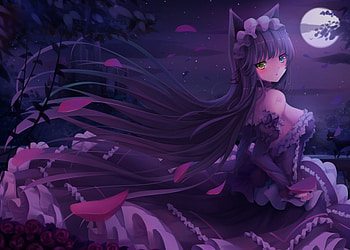 Purple Night, night, nekomimi, purple hair, sublime, long hair, dress, beauty, nice, lady, moon, petals, maiden, angelic, loli, female, sexy, sweet, scene, neko mimi, hot, girl, beautiful, dark, anime girl, neko, anime, pretty, lolita, gown, lovely HD wallpaper