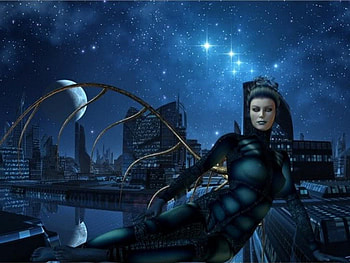 Future Fairy, night, city, moon, woman HD wallpaper