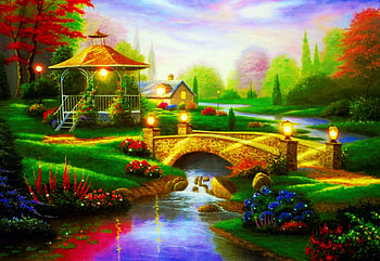 Beautiful Countryside, river, painting, house, gazebo, bridge, trees, flowers HD wallpaper