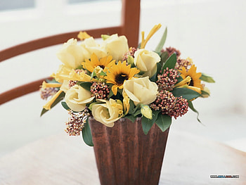 Vase Art, chair, yellows, purples, vase, colours, mixture, flowers, variety HD wallpaper