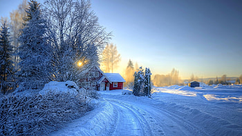 Wunter Sunset, snow, landscape, trees, road, cabin HD wallpaper