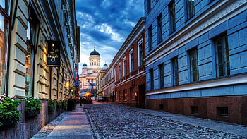 cobblestone side street to cathedral in helsinki, buildings, cobblestone, street, clouds, cathedral HD wallpaper