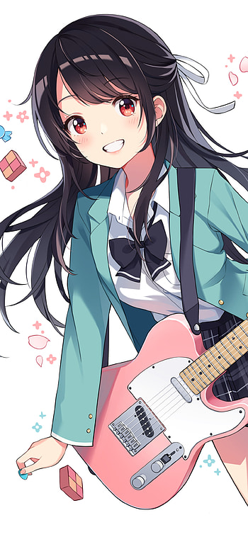 Crimson-Eyed Schoolgirl with Guitar — Black-Haired Anime , school uniform, red eyes, black hair, Anime, girl, anime girl HD phone wallpaper
