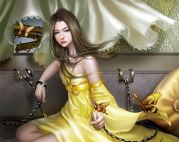 Girl, emily g, negshin, dress, wind, butterfly, fantasy, yellow, luminos HD wallpaper