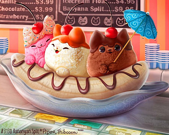 Bananyana split, vara, blue, umbrella, cute, banana, dessert, ice cream, orange, summer, fantasy, red, piper thibodeau, funny HD wallpaper