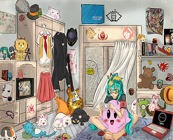 cross over, lucky star, black rock shooter, one piece, aqua, yugioh, death note, miku, bleach, black butler, sailor moon, hellsing, naruto, hamtaro, kirby, pokemon HD wallpaper
