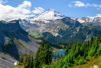 Mt Baker on a sunny day in the North Cascades, Washington, trees, landscape, sky, usa, clouds HD wallpaper