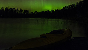 Boat On Lake Hills Trees Forest Aurora Borealis Sky Dark Background Reflection On Water Dark Background HD wallpaper