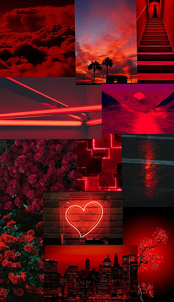Red aesthetic, Heart, Neon, Roses, Clouds, Buildings HD phone wallpaper