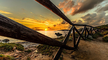 Wooden Fence on the Beach, wooden, fence, clouds, nature, sunset, beach HD wallpaper