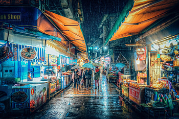 Bazar, blue, luminos, people, orange HD wallpaper