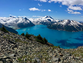 Breathtaking vista of Garibaldi Lake's turquoise waters with surrounding snowcapped mountains in Whistler, Canada. HD wallpaper