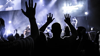 Silhouettes of an energetic audience cheering during a live concert in Houston. HD wallpaper