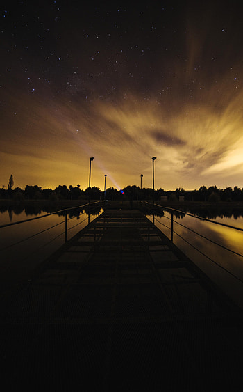 Nature, Sunset, Lake, Pier, Starry Sky HD phone wallpaper