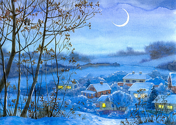 Winter, Houses, Art, Night, Snow, , Month, Village HD wallpaper