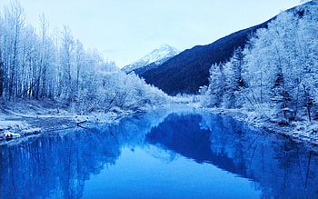 Eklutna Tailrace, Alaska, hills, snow, trees, water, ice, lake, reflections, winter, landscape, usa HD wallpaper
