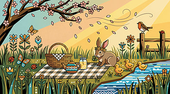 Blossom Picnic — Cute Spring, Cute Spring, Picnic, Rabbit, Basket, Blanket HD wallpaper