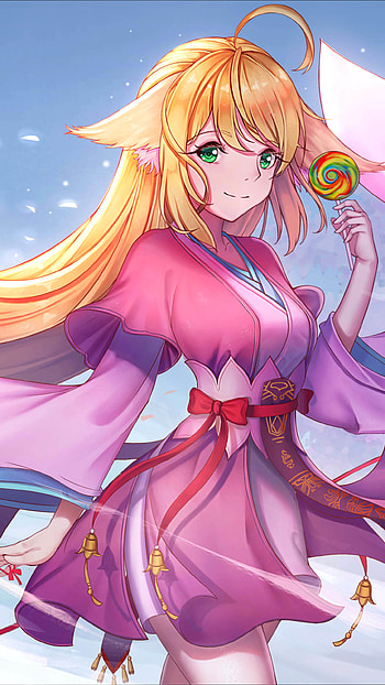 Susu, lollipop, green eyes, sword, bird, long hair, animal ears, Anime, Anime Bird HD phone wallpaper