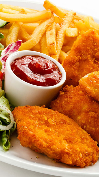 Chicken fillet and fries, Finger-licking good, Tasty combo, Dip and enjoy HD phone wallpaper