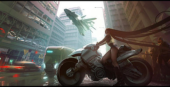 Girl on a Bike, sexy, style, city, art, andreas rocha, hot, girl, urban, action, cg, bike, , hair, future HD wallpaper