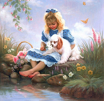Sweet Friendship, dog, butterflies, beautiful, flowers, girl, friends HD wallpaper