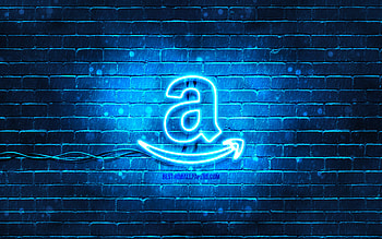Amazon blue logo, , blue brickwall, Amazon logo, brands, Amazon neon logo, Amazon HD wallpaper