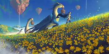The journey, blue, art, hou china, girl, summer, houchina, fantasy, field, flower, yellow, dragon, luminos, vara HD wallpaper