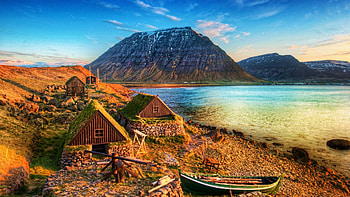 Iceland, Isafjordur, fjord, boat, hills, clouds, landscape, sky, houses, water HD wallpaper