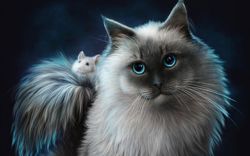 Friends, blue, animal, white, art, eyes, cute, alenaekaterinburg, cat, digital, mouse, fantasy, friend HD wallpaper