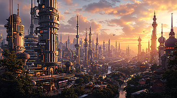 Sunrise Neo-Metropolis — Ultra, futuristic cityscape, futuristic city, skyscraper, city skyline HD wallpaper