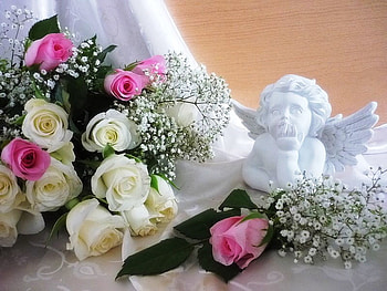 Cupid and roses, still life, pink, white, roses, feeling, love, sensitivity, cupid HD wallpaper