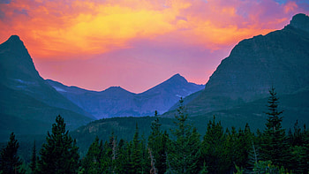 Glacier NP, Montana, peaks, landscape, clouds, trees, colors, sky, mountains, usa HD wallpaper