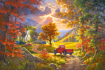 Old times, abraham hunter, painting, art, pictura, car, autumn, countryside HD wallpaper